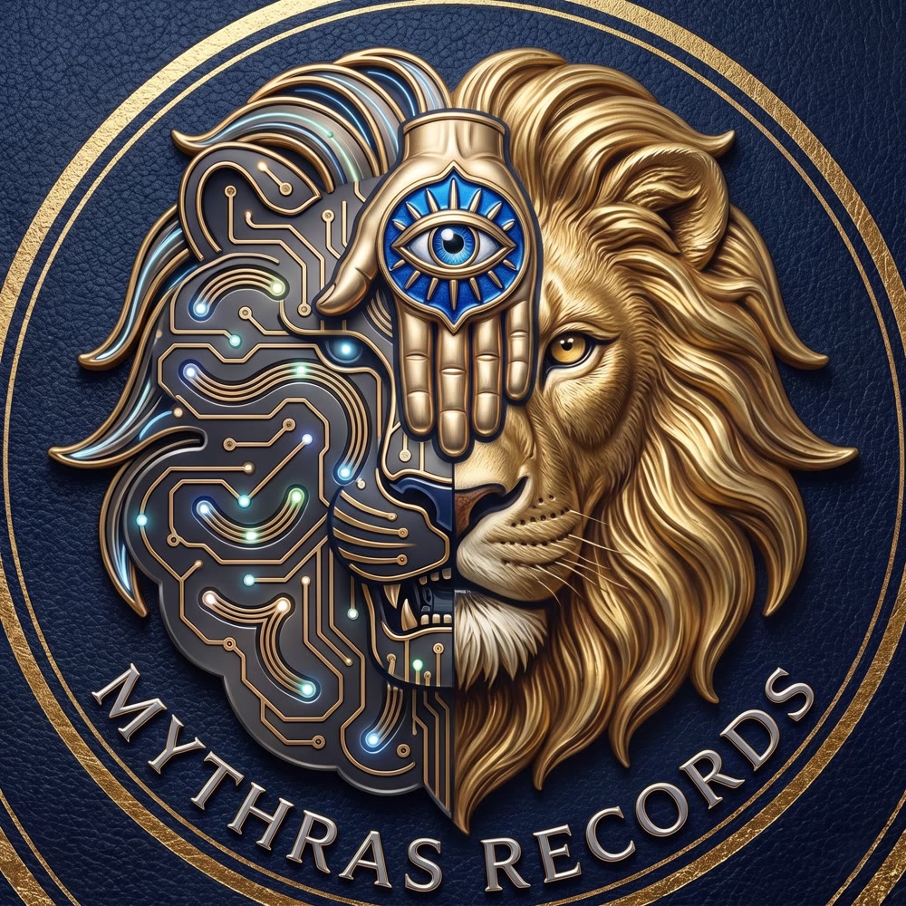 The Mythras Records emblem combines a lion, circuitry, and a hand with an eye